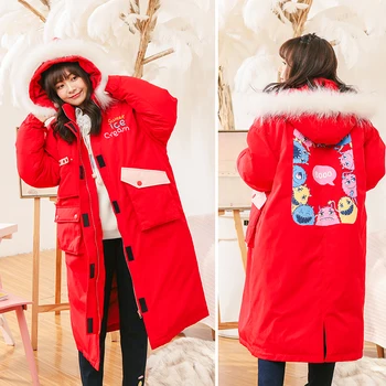 

Princess sweet lolita parkas Girl letters embroidered printed multi-pocket mink fur collar Cap Red tooling parkas women VC253