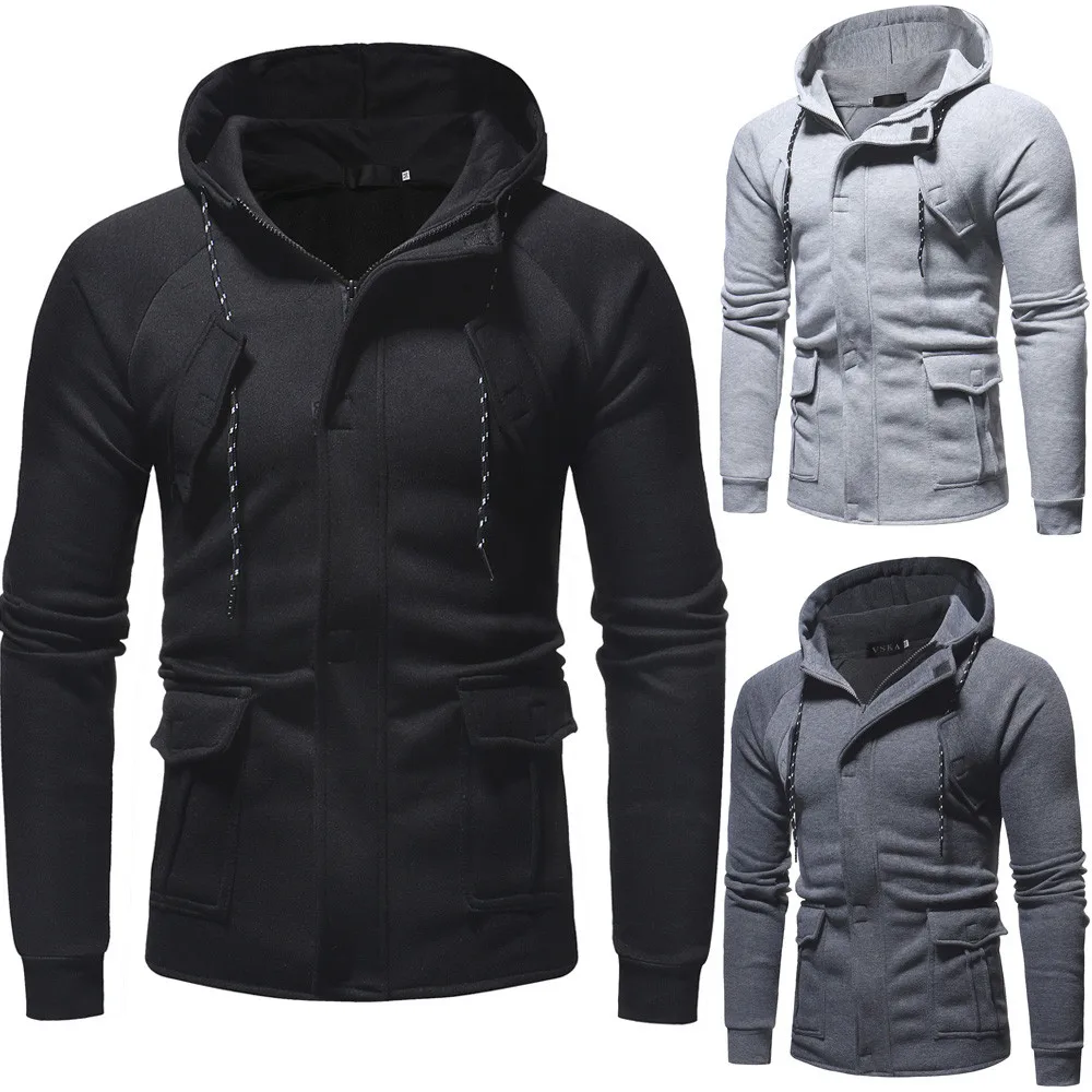 

Men's Autumn Winter Casual Outwear Long Sleeve Zipper Pocket Work Hooded Top Fashion Blouse Drop Shipping