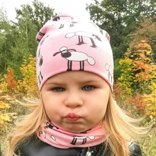 Autumn Winter Cartoon Sheep Printing Baby Hat Scarf Set Animal Pattern Kids Girl Caps