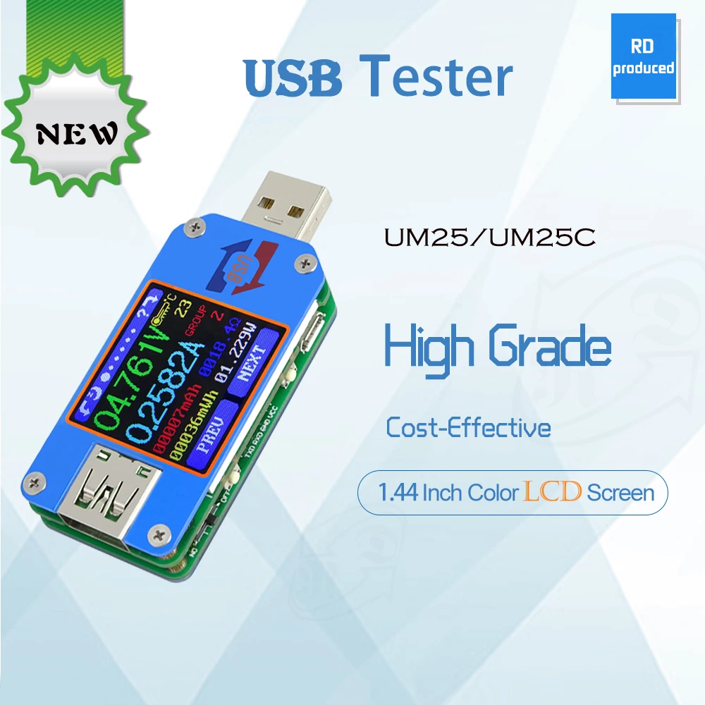 RD UM25USB 2,0 ЖК-измеритель напряжения тока цифровой вольтметр Амперметр usb тестер кабель для зарядки батареи измерение сопротивления
