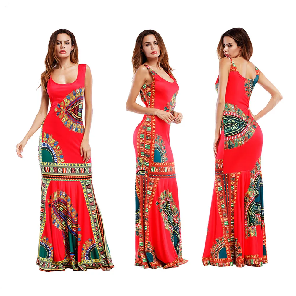 Summer Folk African Dress 2017 Print Pencil Bodycon Long Maxi Work Dresses Women Mermaid Sleeveless O Neck Casual Party Dress (38)