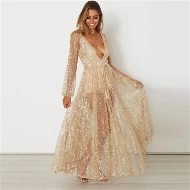 New Arrival Golden Plunge Floor Length Tunic Party Dress Deep V New Arrival Golden Plunge Floor Length Tunic Party Dress Deep V Neck High Waist Sparkle Sheer