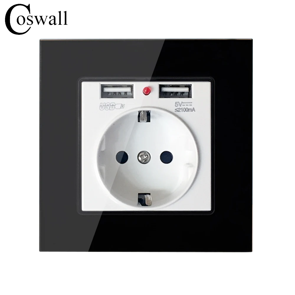 Coswall Crystal Glass Panel Dual USB Charging Port 2.1A Wall Charger Adapter 16A EU Socket Power Outlet Black Color Coswall Crystal Glass Panel Dual USB Charging Port 2.1A Wall Charger Adapter 16A EU Socket Power Outlet Black Color