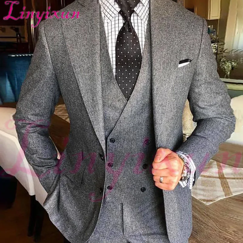 Linyixun 2018 серый мужской костюм для свадьбы Блейзер на заказ классический пиджак двубортный жилет slim fit смокинг Элегантный Формальные