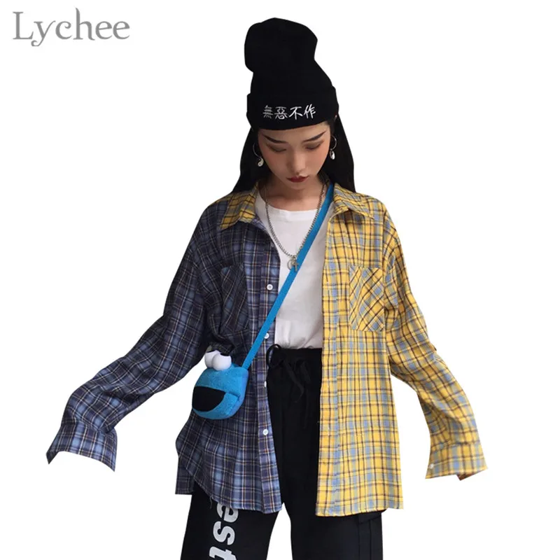 Lychee Harajuku клетчатая женская блузка пэчворк хит цвет Повседневная Свободная с