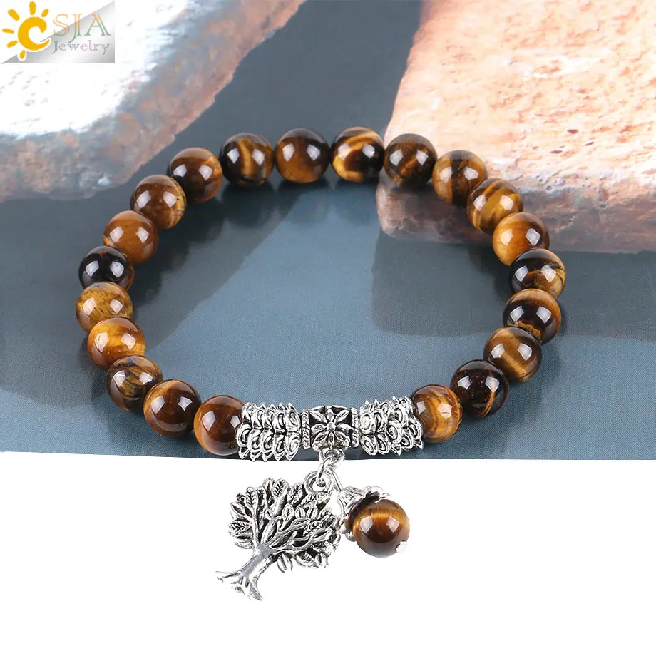 CSJA Natural Tiger Eye Lucky Gem Stone Tree of Life Bracelets 2017 Rosary Reiki Healing Energy Mala Yoga Beads Men Jewelry E725 5
