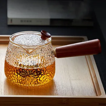 

400ml Glass Tea Pot Wood Handle Clear Heat Resistant Glass Teapot Kettle Boiling Drinkware Teaware for Home Chinese Tea Decor