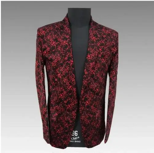 

2018 2 Colors Gold Red Printed Slim Men Suit Jacket Nightclub Male Singer Show Costume Host Outfit Wedding Blazer Evening Party
