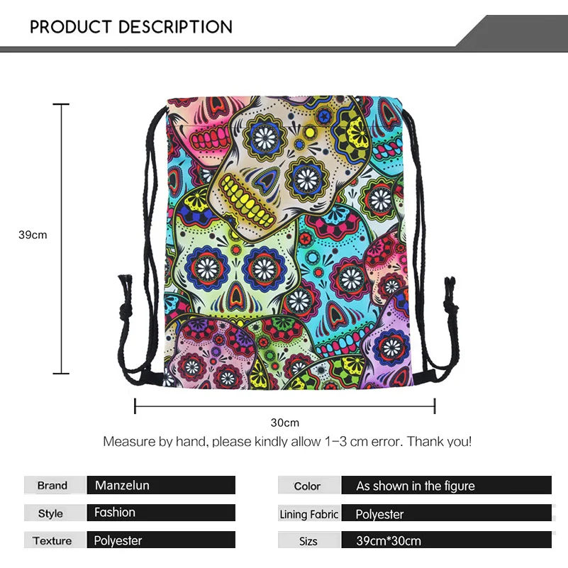 Skull Drawstring Storage Bags 3D Printed Oxford Backpack Travel Flowers Storage Organizer Tablets Cosmetic Luggage Organizer (1)