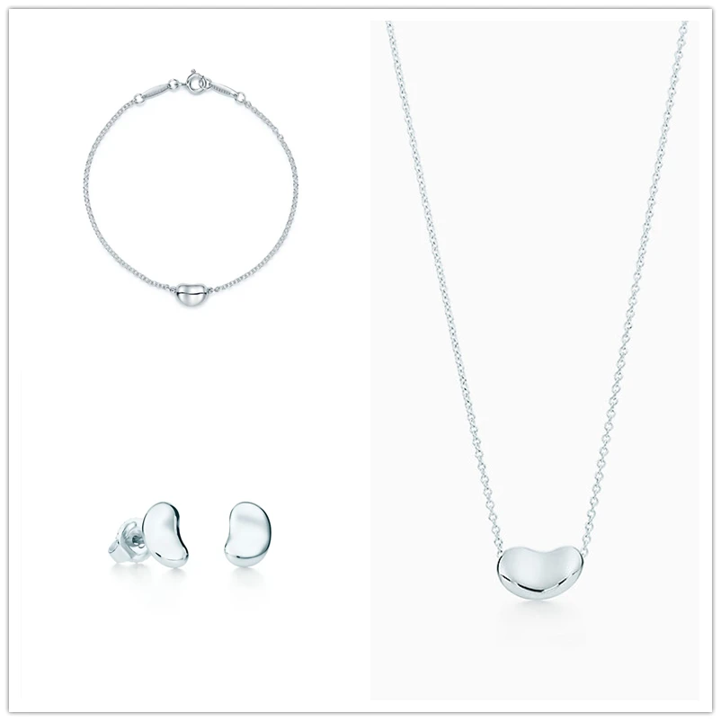 

SHINETUNG 1:1 S925 Sterling Silver Genuine TIFF Bean Silver Series Trendy Pendant Bracelet Women Fine High-End Jewelry Suit