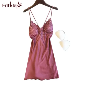 

Fdfklak chemise de nuit new sexy sleepwear female nightwear dress summer short nightdress sling silk lace women nightgowns
