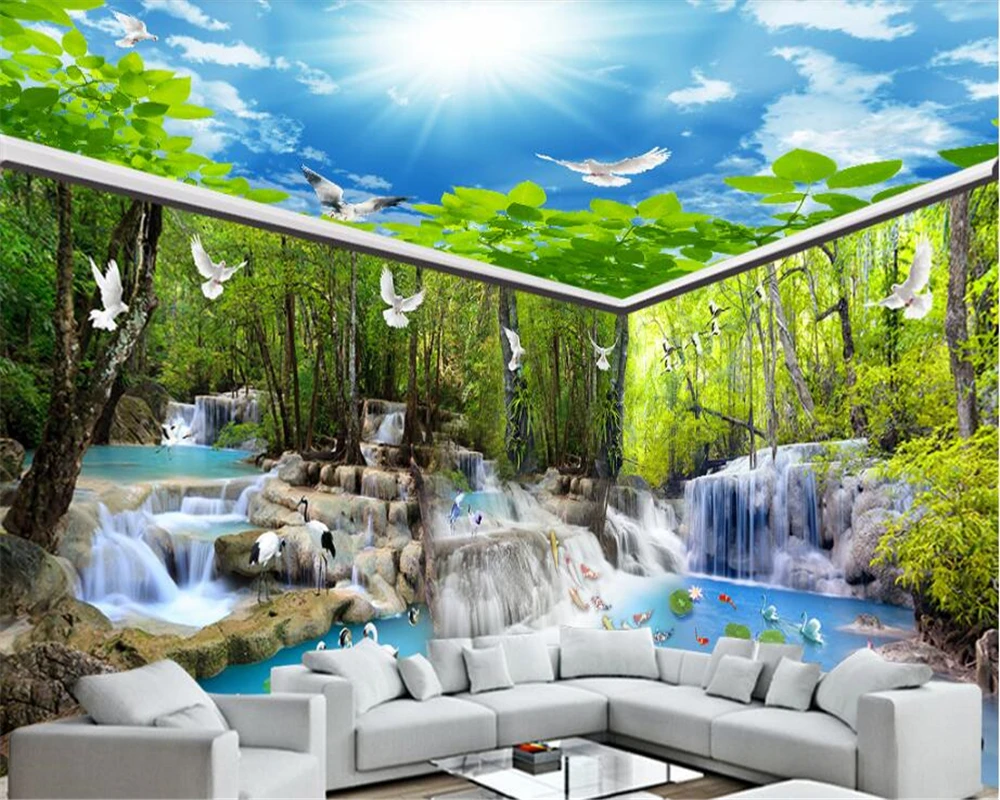 

beibehang Thicken wall paper waterfall water forest crane white dove house background wall painting theme room 3d wallpaper