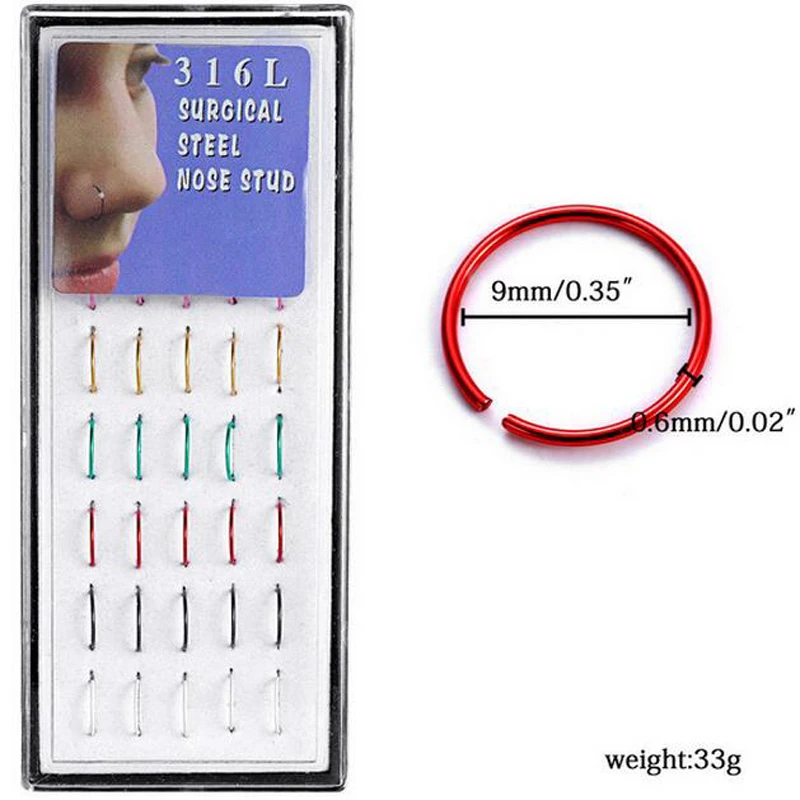 

40pcs Free Display Box Colorful 316L Stainless Steel Circular Barbell Nostril Hoop Nose Ring Body Piercing Jewelry