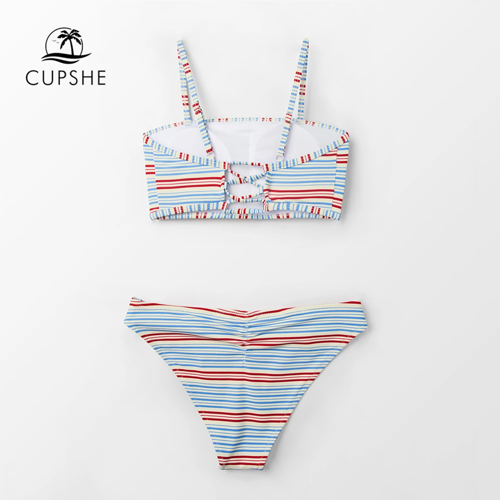 CUPSHE красный синий и бежевый полосатый бандо женские комплекты бикини