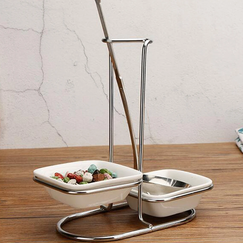 Modern White Ceramic Kitchen Ladle Spoon Rest Holder with Polished Stainless Steel Rack Spoon Rests Clips Holder Kitchen Tools