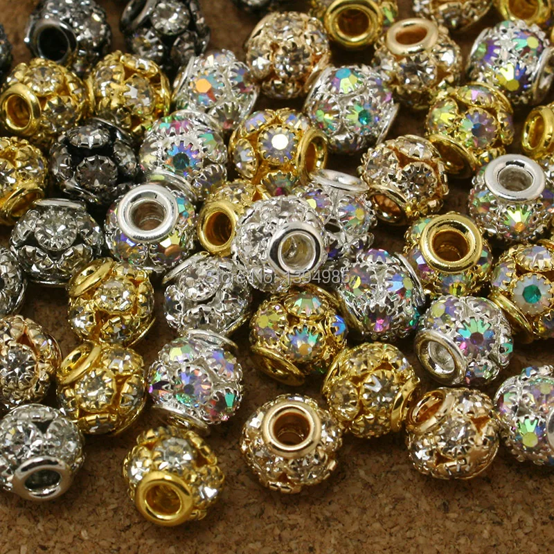

20pcs 8x9mm Round Ball Gold Silver Crystal Rhinestone Hollow Rondelle Spacer Bead for Handmade European Bracelet Jewelry Making
