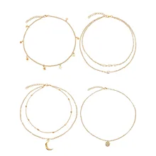 4 Pcs Fashion Moon Pearl Alloy Pendant Necklace Set Simple Gold Color Layered Chain Choker Necklace Set A016 4 Pcs Fashion Moon Pearl Alloy Pendant Necklace Set Simple Gold Color Layered Chain Choker Necklace Set A016