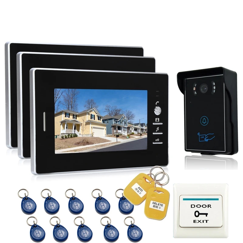 

JEX 7`` LCD Video Door Phone Intercom Entry System 700TVL Touch Key Waterproof RFID Access Camera with Room to Room intercom 1V3