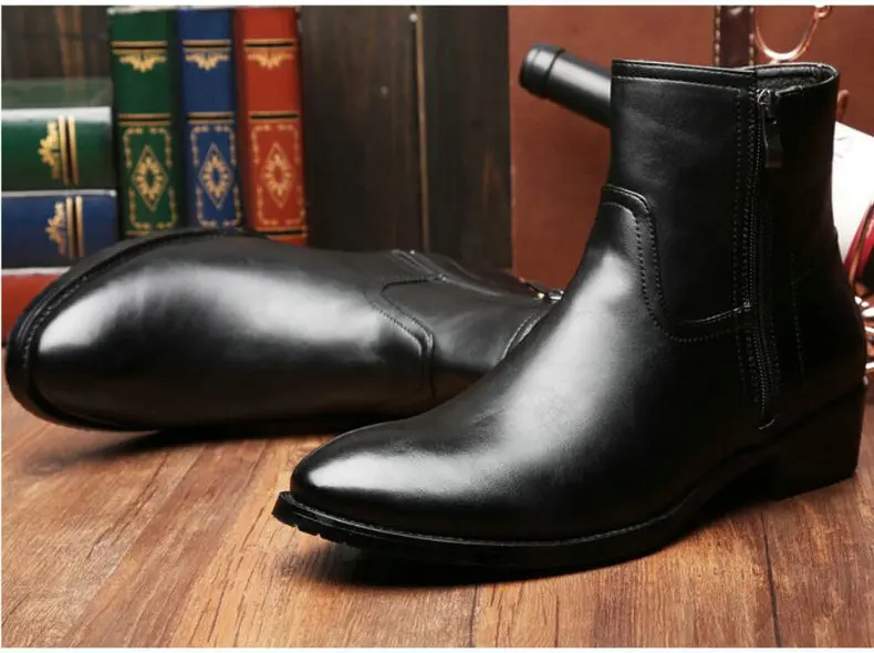 Men's Boots' Round Toe Ankle Boot Slip On Genuine Leather Snow Boots Men Winter Casual Chelsea Boots Black Mens Winter Shoes     (5)