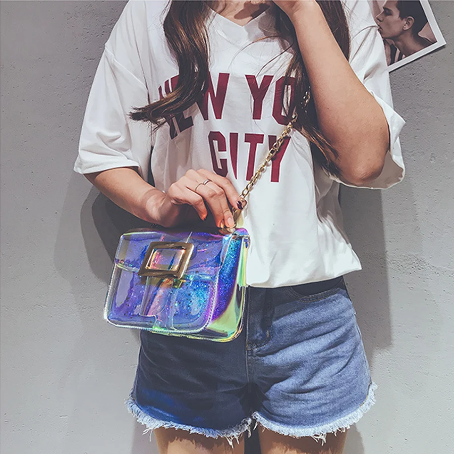 

Women Holographic Bag Clear PVC Jelly Small Sequin Scrub Messenger Bags Laser Turn lock Chain Shoulder Bags Sac Femme Bandoulier