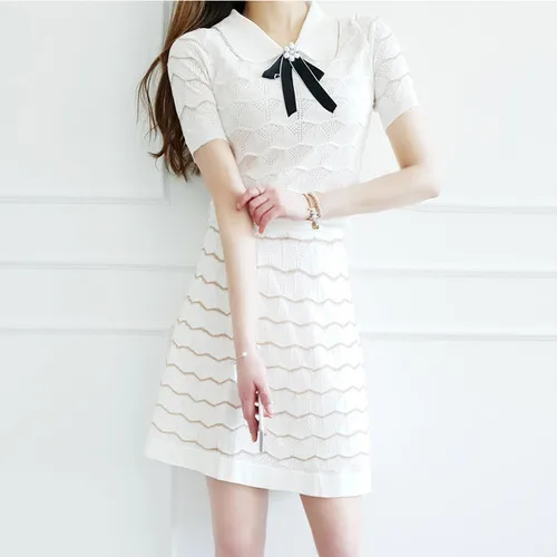 

2019 Fashion 2 Piece Set Women Suits Spring Knitting Short Sleeve Sweet Pearls Sweater + Pencil Skirts 2pcs Beading Skirt Sets