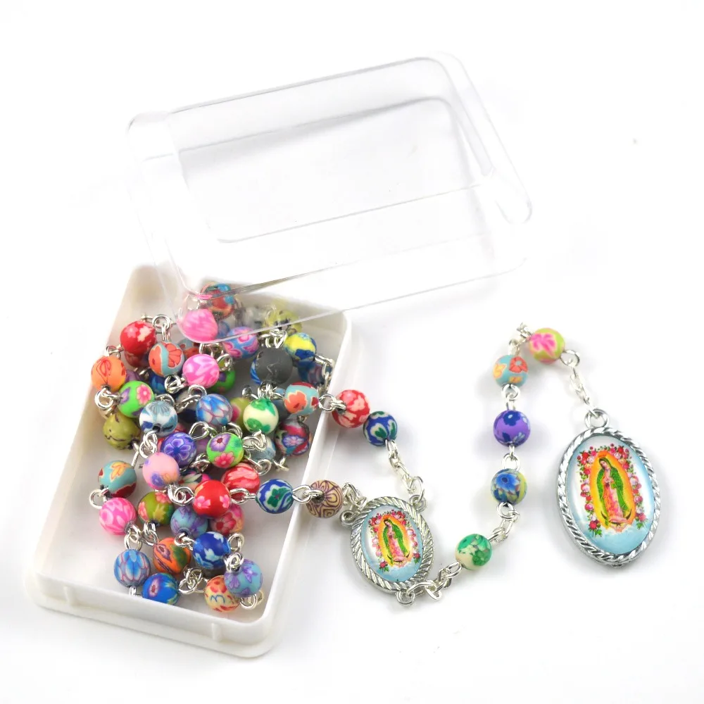 Fashion color ploymer bead rosary with case Our Lady of Guadalupe