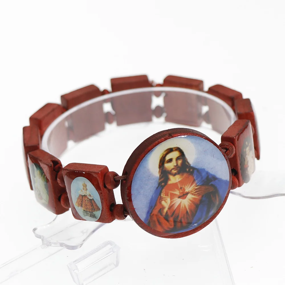 Святых еврейский религиозный деревянный католический браслеты со знаком унисекс модный деревянный браслет новые очаровательные ювелирные изделия эластичный темно-красный