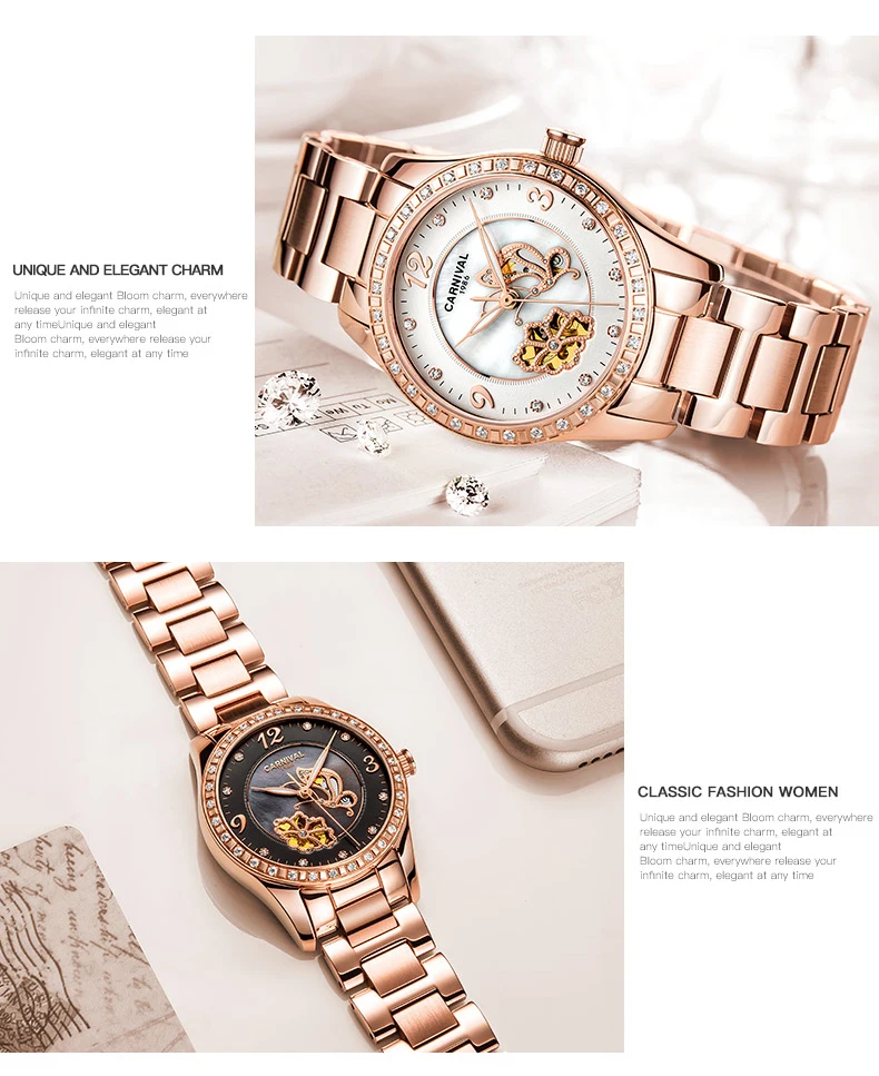 Carnival Mechanical Watch Women Ceramic Clock Butterfly Design Women's Watches Top Brand Luxury Women Sapphire Crystal Female