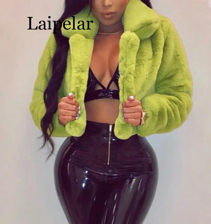 

Laipelar Fashion Lime Green Short Faux Fur Coat Winter Neon Fluorescent Warm Cardigan Cropped Jacket Fluffy Teddy Coat