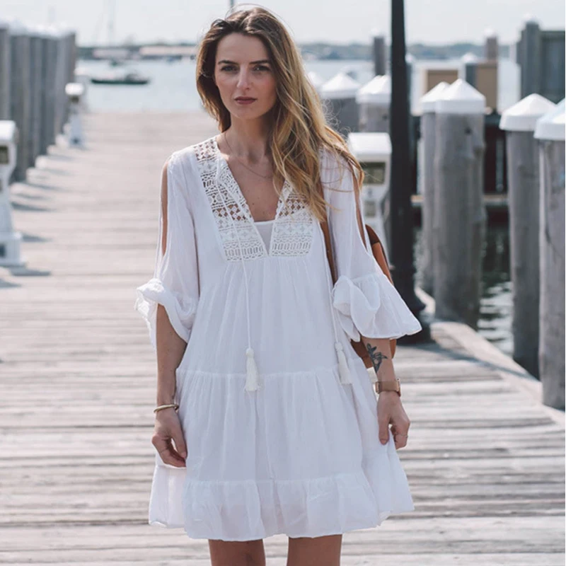 Sexy White Bikini Cover Up New Long Sleeves Beach Dress Girls Holiday