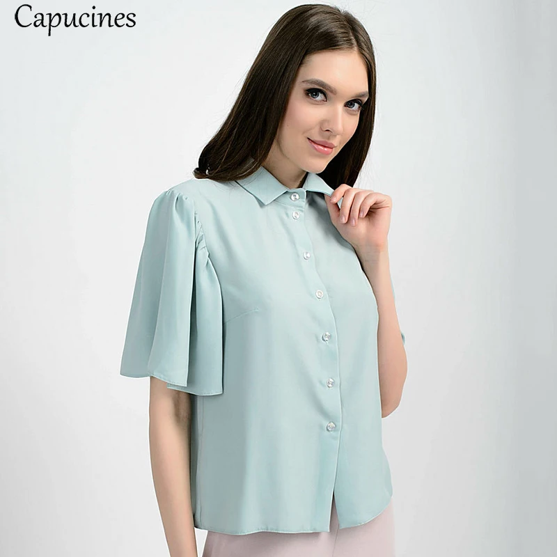 

2019 Summer Fresh Cool Green Chiffon Blouse Shirts Women Flutter Half Sleeves Turn-down Collar Button Plain Blouses Chic Tops