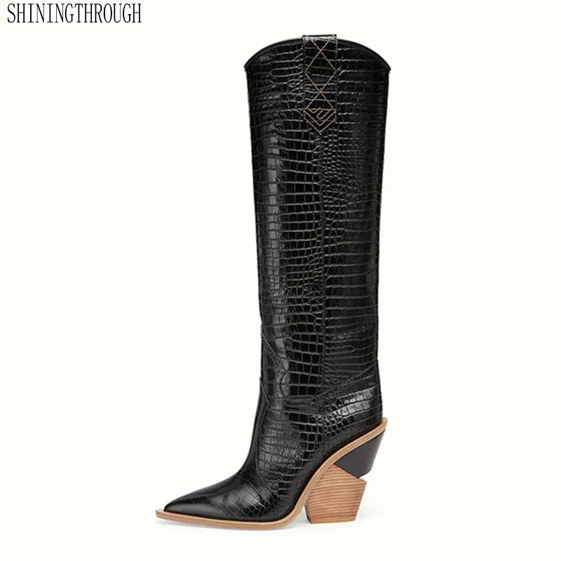 

brand design thick high heel leather cowboy women dress shoes autumn winter boots pointed toe runways woman snow boots