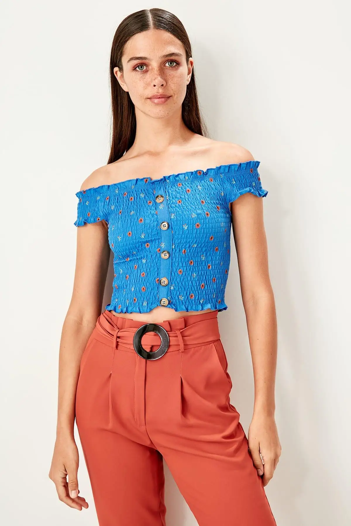 Trendyol Saks Кармен воротник узор трикотажная блузка TWOSS19BZ0229|Блузки| |