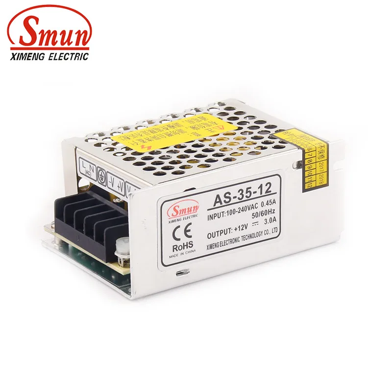 

SMUN AS-35-12 36W 12V 3A SMPS Small Volume Single Output Switching Power Supply with CE ROHS 2 Year Sarranty