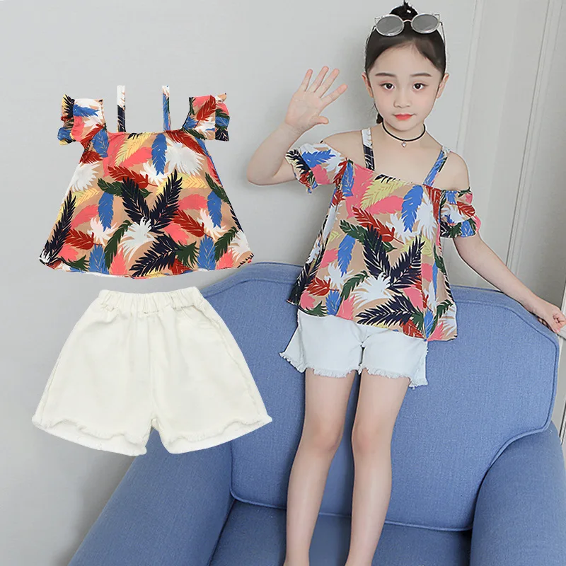 

2019 Girl Clothes Sets Print Floral Sling Top Solid Short Pants Suits Summer Style Baby Girls Fashion Cool Clothing Set Children