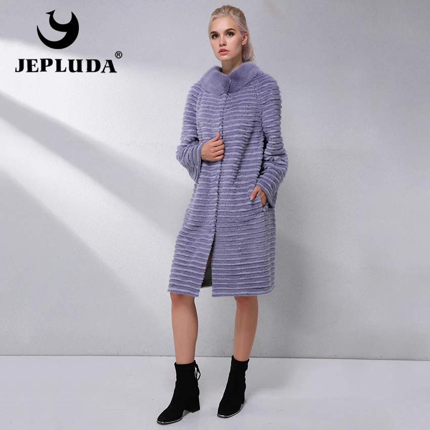 JEPLUDA Норковая Шуба Натуральный Мех с Воротник Приталенный Длительный Вязаная