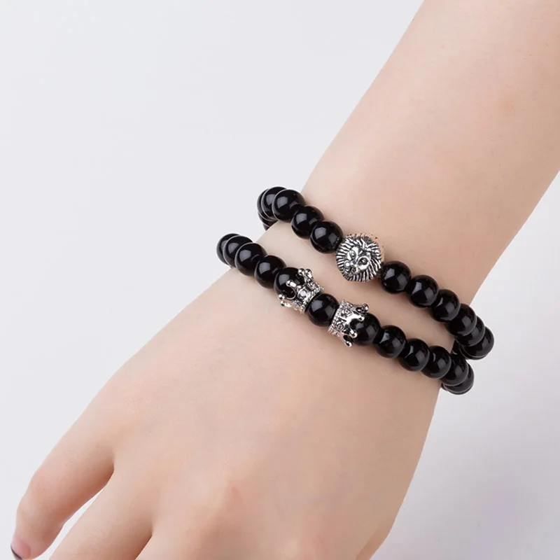 1Pc/2Pcs Men Bracelet Lion Head With Crown Bracelets Beads Bracelet Crowns Men Women Jewelry Set 8mm Natural Stone