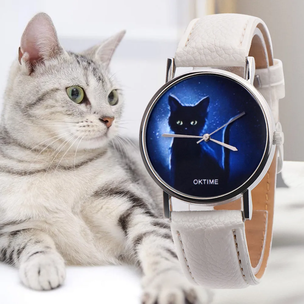 

Women Watch Black Cat Printing Watch Clock Gift Luxury Brand Leather Strap Dress Laides Quartz WristWatch Relogio Feminino #B