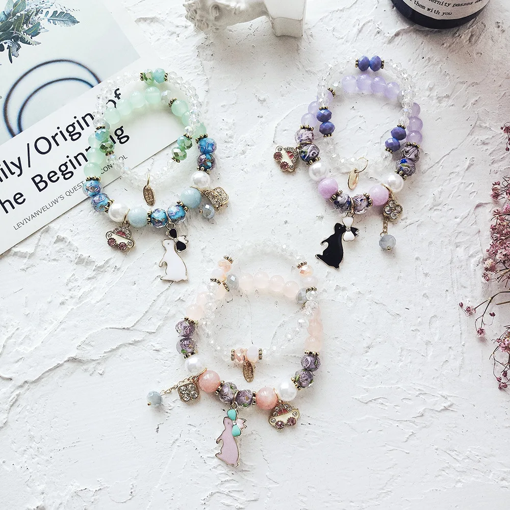 Bohemian Bunny Rabbit Crystal Charm Bracelets & Bangles for Women Beads Handmade Charm Tassel Bracelet Boho Femme Jewelry B40