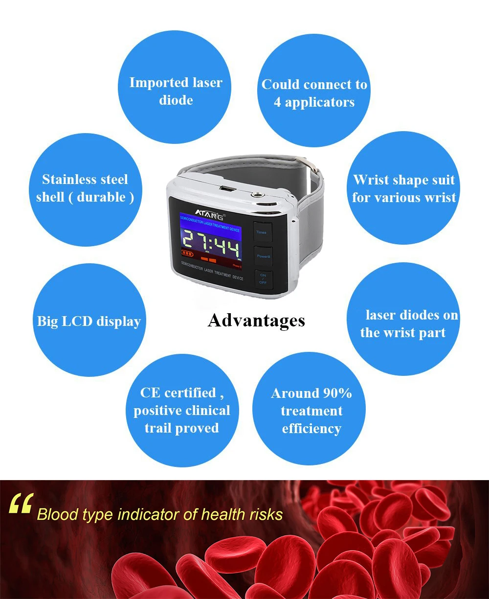 Лазерное кровяное облучение для домашнего использования 650nm лазерные часы гипертензионные болезни состоит из GaA/AS полупроводниковых Драг
