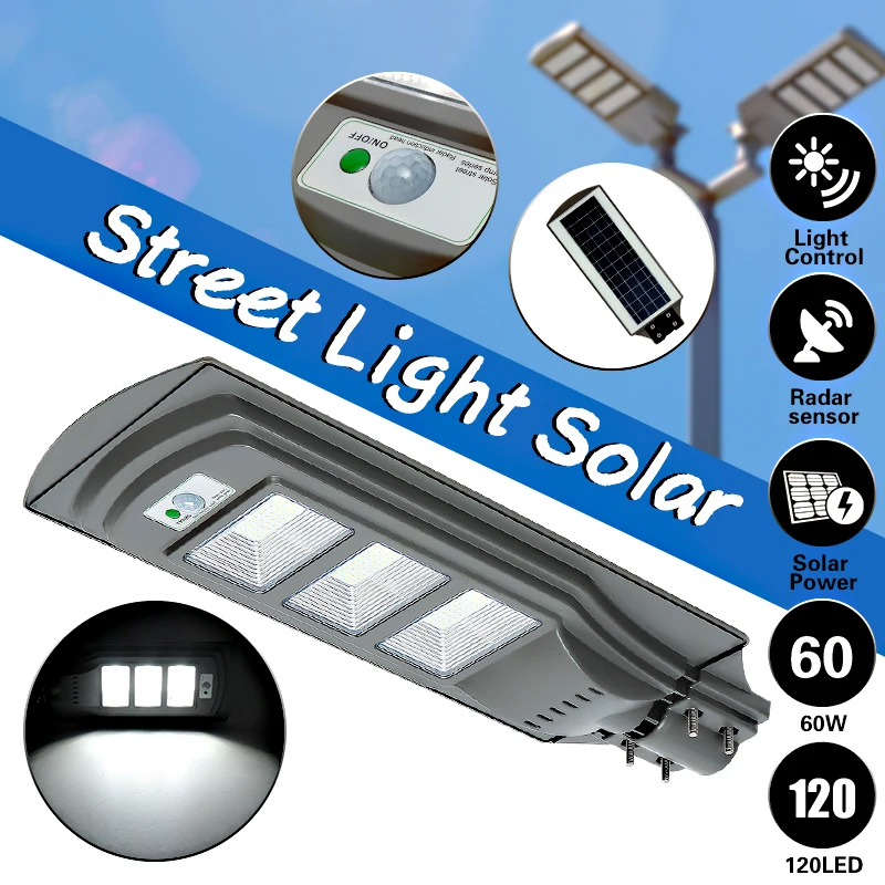

Smuxi 60W 120LED Solar Street Light 2835SMD 6V 12W Solar Power Outdoor Light with Light Control Radar Sensor Grey Walkway Lamp