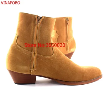 

Vinapobo fashion Luxury Handmade Chelsea boots men real suede leather boots British Style zip up ankle shoes high top med heel