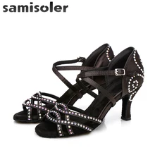 Samisoler Latin Dance Shoes Women with Black Satin tango jazz Salsa Rhinestone Shoes Dance For Women Ballroom Dancing Shoes Hig purple satin latin dance shoes with rhinestone women s salsa shoes free shipping xc 6367