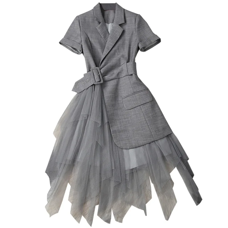 Новое поступление, женское платье в стиле пэчворк на одной пуговице, платье с коротким рукавом и высокой талией, Сетчатое платье с неровным узором C1144 - Цвет: Серый