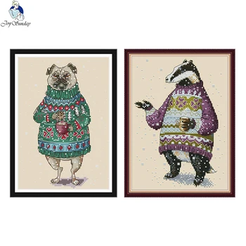 

Dog Drinking Coffee and Badger in Sweater Cross Stitch Kit Aida 14ct 11ct Count Print Canvas DMC Thread Embroidery DIY Handmade