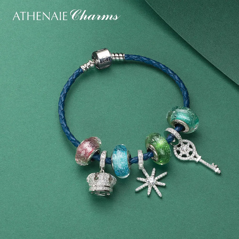 ATHENAIE 925 Silver My Queen's Crown Pendant & Sparkling Snowflake Fascinating Iridescence Charms Beads Leather Braided Bracelet ATHENAIE 925 Silver My Queen's Crown Pendant & Sparkling Snowflake Fascinating Iridescence Charms Beads Leather Braided Bracelet