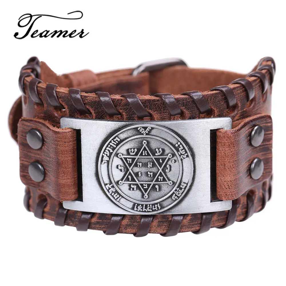 

Teamer Antique Silver Plated Solomon Star of David Hexagram Charm Bracelets Men Wide Leather Bracelet Vintage Tantrism Jewelry