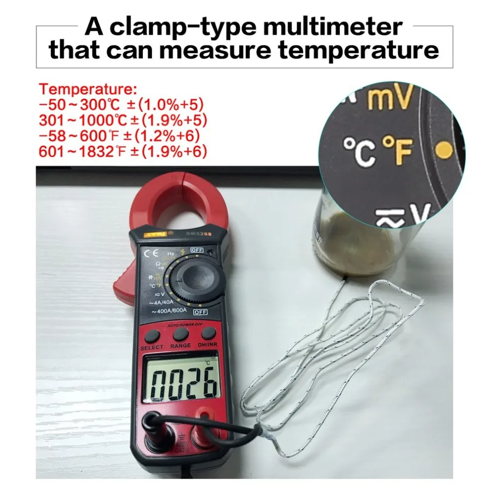 

Amperimetric Clamp Multimeter Handheld Digital Meter BM5268 True RMS AC/DC Volt Amp Ohm Capacitance Frequency Temperature Diode