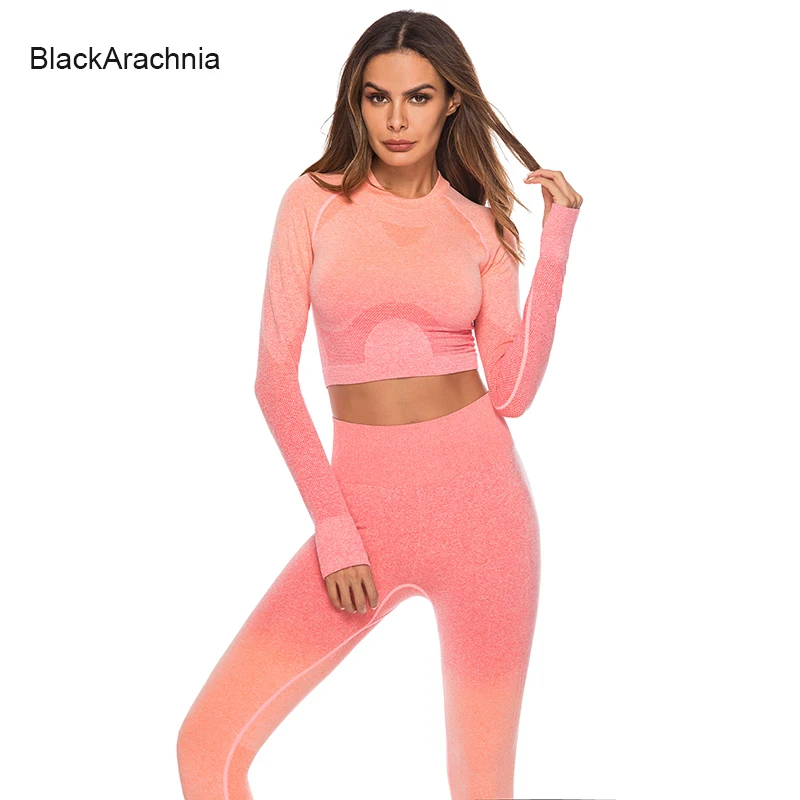 

BlackArachnia Women Yoga Set 3 Piece Gradient Seamless Suit Ombre Female Gym Clothing Sports Leggings+Sexy Yoga Top Fitness Bra