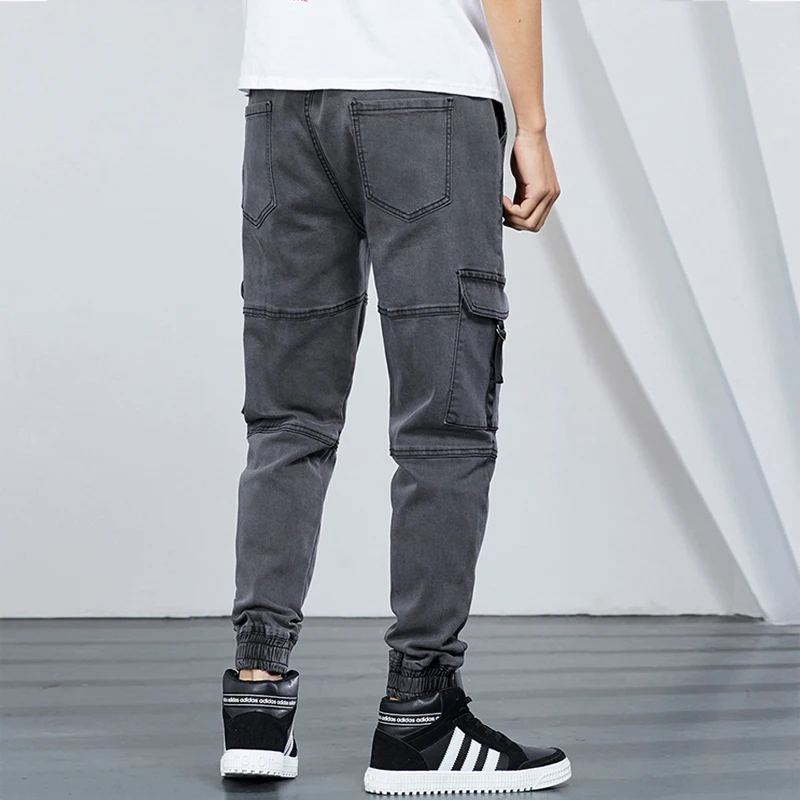 Fashion Streetwear Men Jeans Gray Big Pocket Cargo Pants Spliced Designer Harem Trousers Slack Bottom Hip Hop Joggers Jeans Men